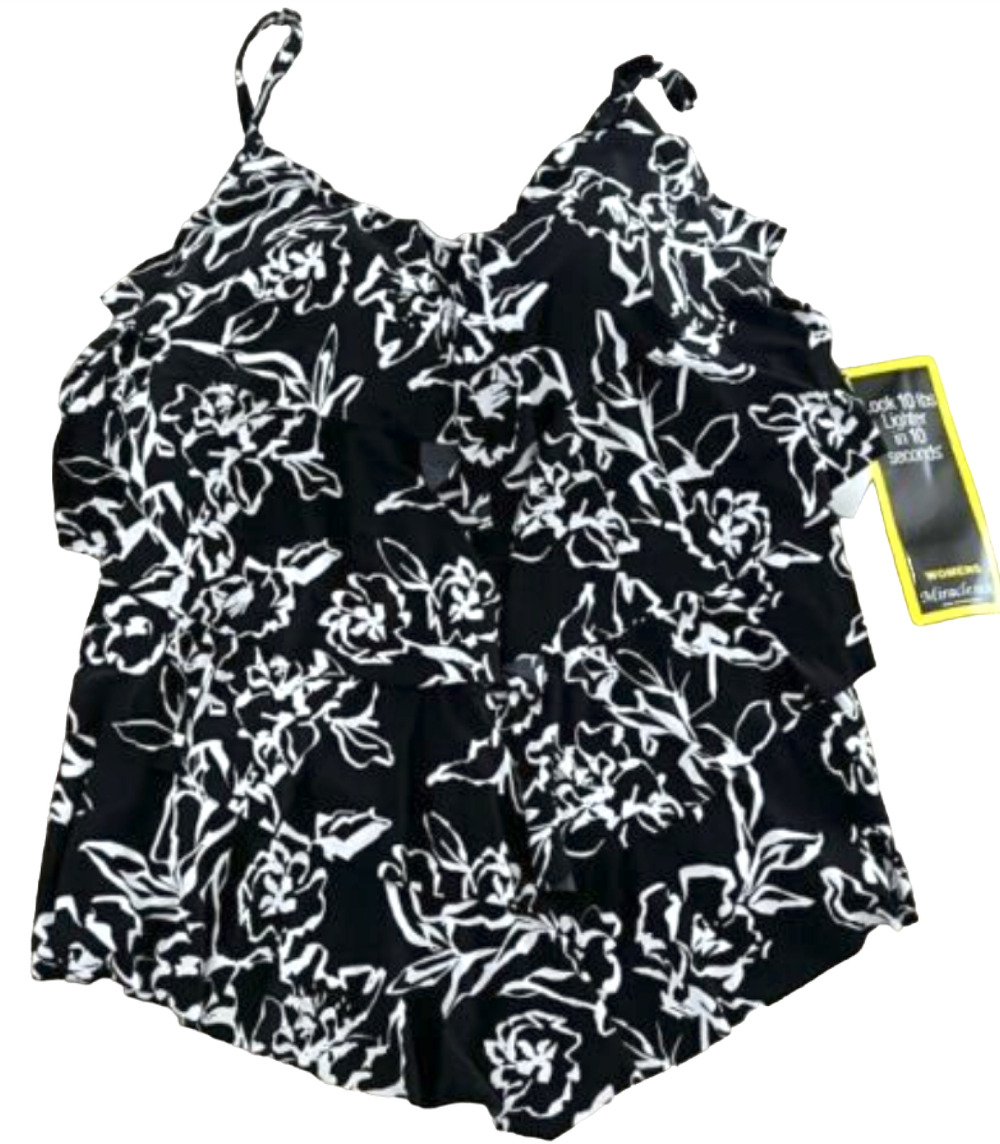 MIRACLESUIT BLACK WHITE FLORAL TIRED LAYERS TANKINI SWIMSUIT TOP PLUS SIZE 34W